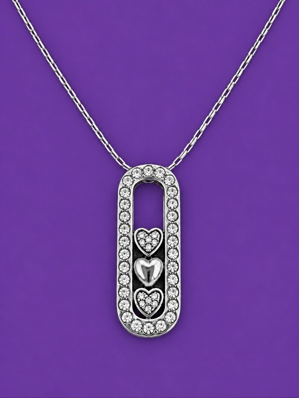 BRIGHTON Silver Sliding Heart Crystal Bar Pendant Chain Necklace